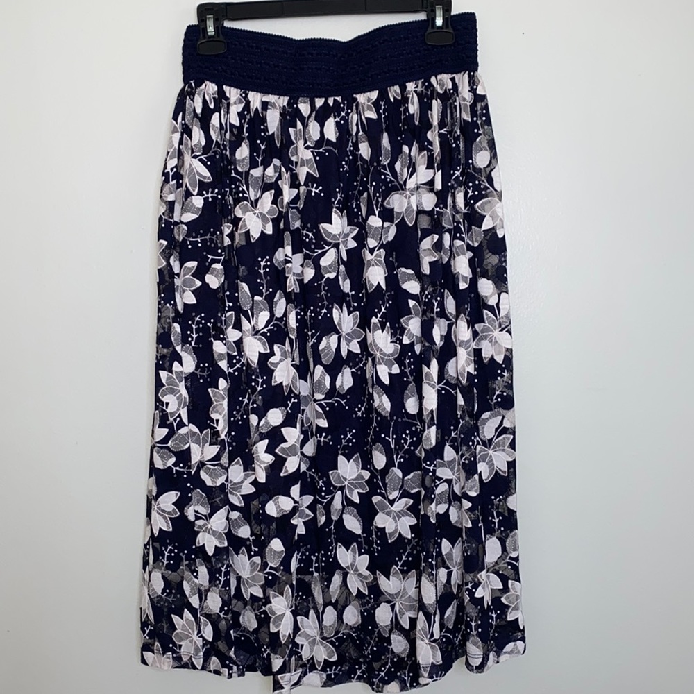 Chelsea Taylor Dark Blue and White Floral Maxi Skirt With Slit Underneath